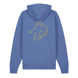 Gold outline illustration of the head of a Rough Collie on the back of a bright blue unisex Hoodie