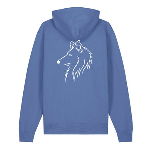 White outline illustration of the head of a Rough Collie on the back of a bright blue unisex Hoodie