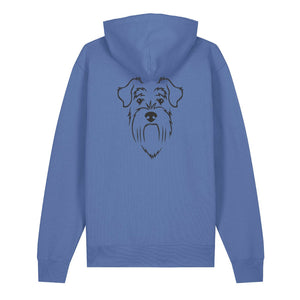 Black outline illustration of the head of a Schnauzer on the back of a bright blue unisex Hoodie