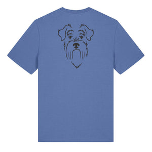 Black outline illustration of the head of a Schnauzer on the back of a bright blue unisex t-shirt