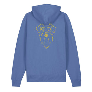 Gold outline illustration of the head of a Schnauzer on the back of a bright blue unisex Hoodie