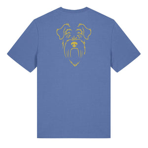 Gold outline illustration of the head of a Schnauzer on the back of a bright blue unisex t-shirt