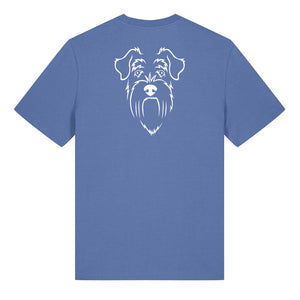 White outline illustration of the head of a Schnauzer on the back of a bright blue unisex t-shirt