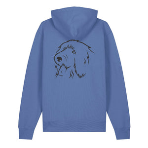 Black outline illustration of the head of an Old English Sheepdog on the back of a bright blue unisex Hoodie