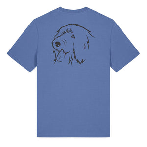 Black outline illustration of the head of an Old English Sheepdog on the back of a bright blue unisex t-shirt