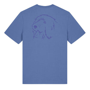 Blue outline illustration of the head of an Old English Sheepdog on the back of a bright blue unisex t-shirt