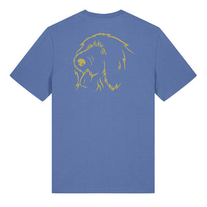 Gold outline illustration of the head of an Old English Sheepdog on the back of a bright blue unisex t-shirt
