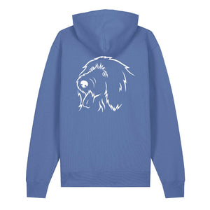 White outline illustration of the head of an Old English Sheepdog on the back of a bright blue unisex Hoodie