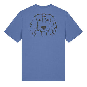 Black outline illustration of the head of a Spaniel on the back of a bright blue unisex t-shirt