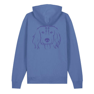 Blue outline illustration of the head of a Spaniel on the back of a bright blue unisex Hoodie
