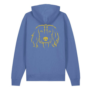 Gold outline illustration of the head of a Spaniel on the back of a bright blue unisex Hoodie