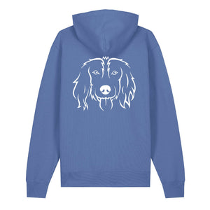 White outline illustration of the head of a Spaniel on the back of a bright blue unisex Hoodie