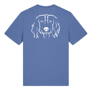 White outline illustration of the head of a Spaniel on the back of a bright blue unisex t-shirt