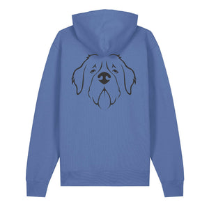Black outline illustration of the head of a Saint Bernard on the back of a bright blue unisex Hoodie