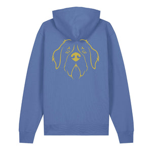 Gold outline illustration of the head of a Saint Bernard on the back of a bright blue unisex Hoodie