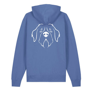 White outline illustration of the head of a Saint Bernard on the back of a bright blue unisex Hoodie