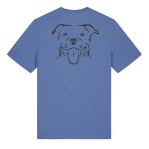 Black outline illustration of the head of a Staffordshire Bull Terrier on the back of a bright blue unisex t-shirt