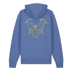 Gold outline illustration of the head of a Staffordshire Bull Terrier on the back of a bright blue unisex Hoodie