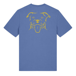 Gold outline illustration of the head of a Staffordshire Bull Terrier on the back of a bright blue unisex t-shirt