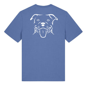 White outline illustration of the head of a Staffordshire Bull Terrier on the back of a bright blue unisex t-shirt