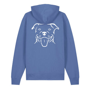 White outline illustration of the head of a Staffordshire Bull Terrier on the back of a bright blue unisex Hoodie