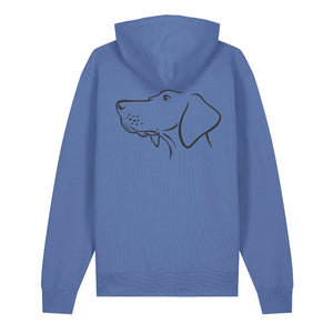 Black outline illustration of the head of a Hungarian Vizsla on the back of a bright blue unisex Hoodie