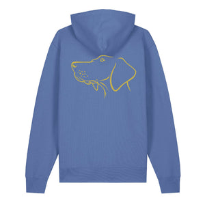 Gold outline illustration of the head of a Hungarian Vizsla on the back of a bright blue unisex Hoodie