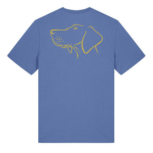 Gold outline illustration of the head of a Hungarian Vizsla on the back of a bright blue unisex t-shirt