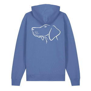 White outline illustration of the head of a Hungarian Vizsla on the back of a bright blue unisex Hoodie