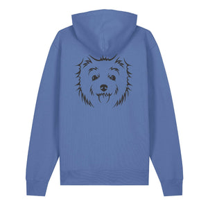 Black outline illustration of the head of a West Highland Terrier on the back of a bright blue unisex Hoodie
