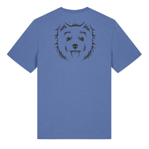 Black outline illustration of the head of a West Highland Terrier on the back of a bright blue unisex t-shirt
