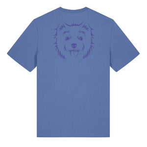 Blue outline illustration of the head of a West Highland Terrier on the back of a bright blue unisex t-shirt
