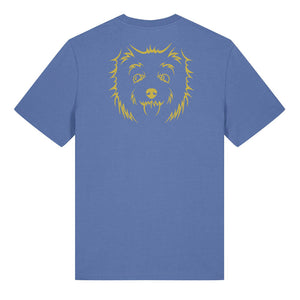 Gold outline illustration of the head of a West Highland Terrier on the back of a bright blue unisex t-shirt