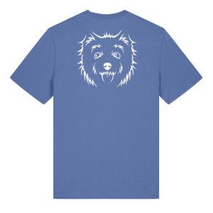 White outline illustration of the head of a West Highland Terrier on the back of a bright blue unisex t-shirt