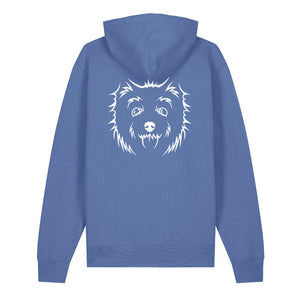 White outline illustration of the head of a West Highland Terrier on the back of a bright blue unisex Hoodie