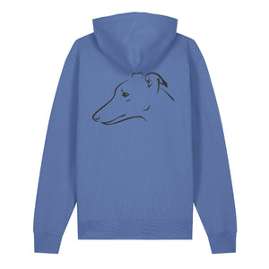 Black outline illustration of the head of a Whippet on the back of a bright blue unisex Hoodie