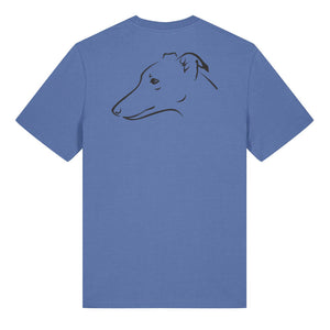 Black outline illustration of the head of a whippet on the back of a bright blue unisex t-shirt