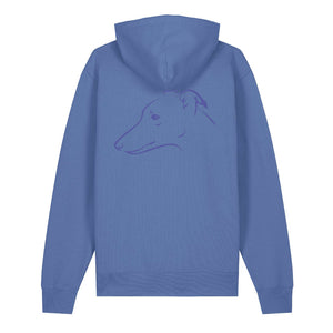 Blue outline illustration of the head of a Whippet on the back of a bright blue unisex Hoodie