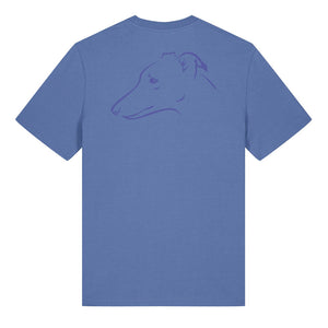 Blue outline illustration of the head of a whippet on the back of a bright blue unisex t-shirt
