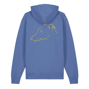 Gold outline illustration of the head of a Whippet on the back of a bright blue unisex Hoodie