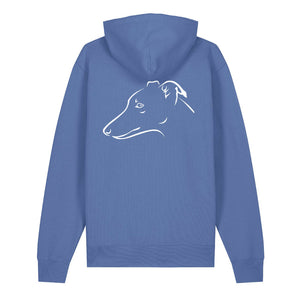 White outline illustration of the head of a Whippet on the back of a bright blue unisex Hoodie