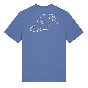 White outline illustration of the head of a whippet on the back of a bright blue unisex t-shirt