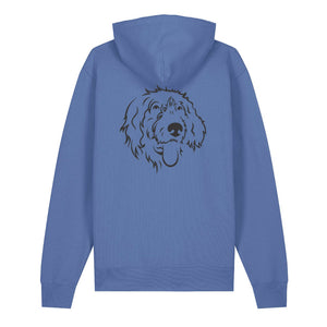 Black outline illustration of the head of a Wirehaired Pointer on the back of a bright blue unisex Hoodie