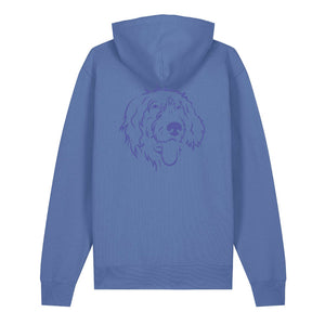 Blue outline illustration of the head of a Wirehaired Pointer on the back of a bright blue unisex Hoodie