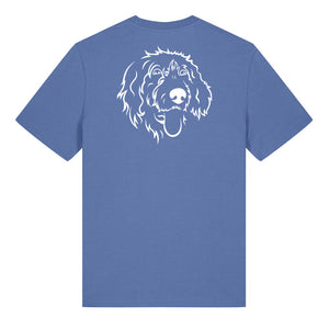 White outline illustration of the head of a Wirehaired Pointer on the back of a bright blue unisex t-shirt