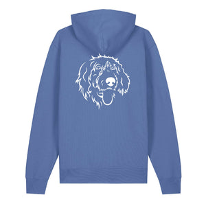 White outline illustration of the head of a Wirehaired Pointer on the back of a bright blue unisex Hoodie