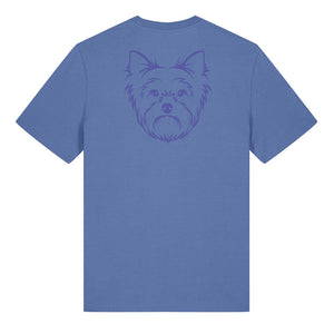 Blue outline illustration of the head of a Yorkshire Terrier on the back of a bright blue unisex t-shirt