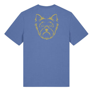 Gold outline illustration of the head of a Yorkshire Terrier on the back of a bright blue unisex t-shirt