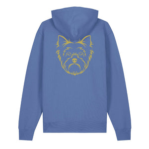 Gold outline illustration of the head of a Yorkshire Terrier on the back of a bright blue unisex Hoodie