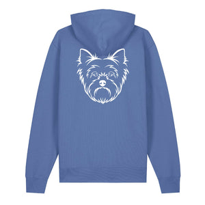 White outline illustration of the head of a Yorkshire Terrier on the back of a bright blue unisex Hoodie